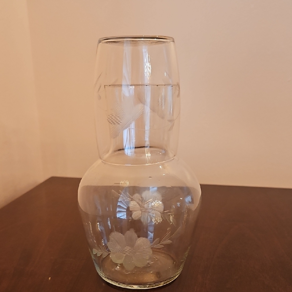 Antique Clear Glass Carafe with Floral Design